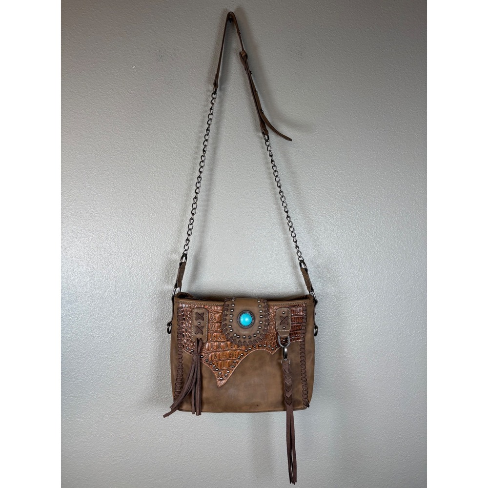 Trinity Ranch Western Brown Crossbody Bag Turquoise Stone Fringe Concealed